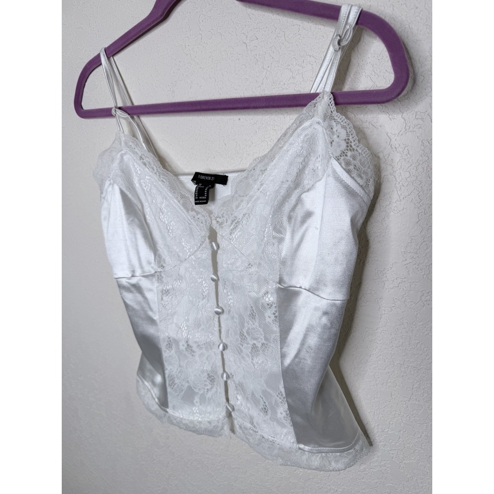 Satin Lace Trim Camisole Top Womens M White Layering Whimsy Fairy Cami Romantic - Picture 3 of 13